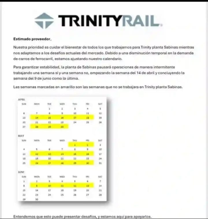 Anuncian seis semanas de paro técnico en Trinity Sabinas; trabajarán una sí y otra no 1 WhatsApp Image 2025 04 14 at 16.11.22
